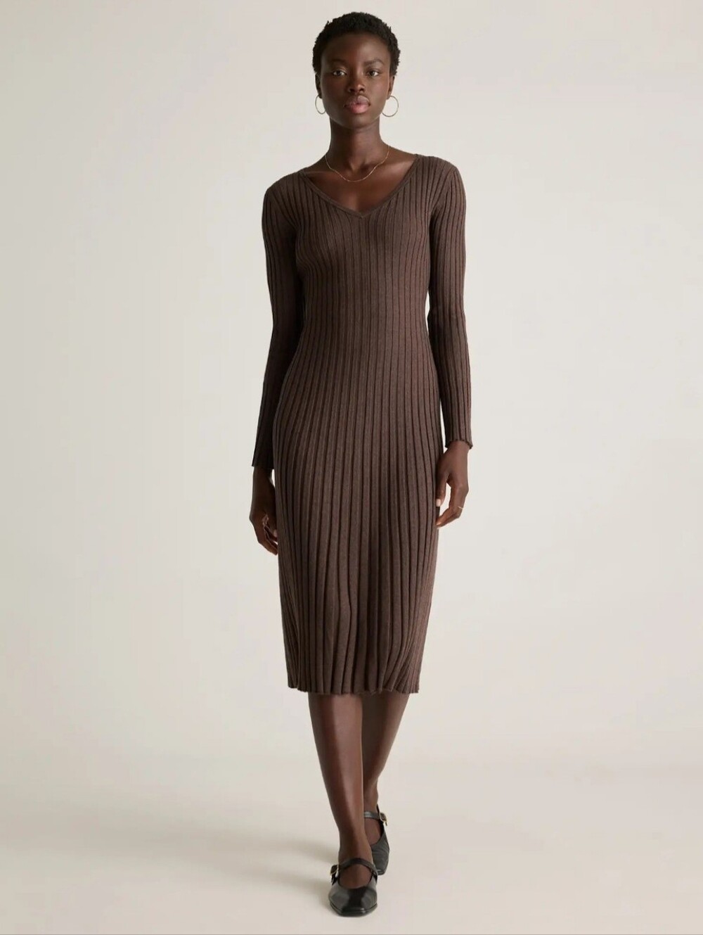 Quince Cotton Cashmere Ribbed Long Sleeve V-Neck Midi Dress Mocha Heather Size L